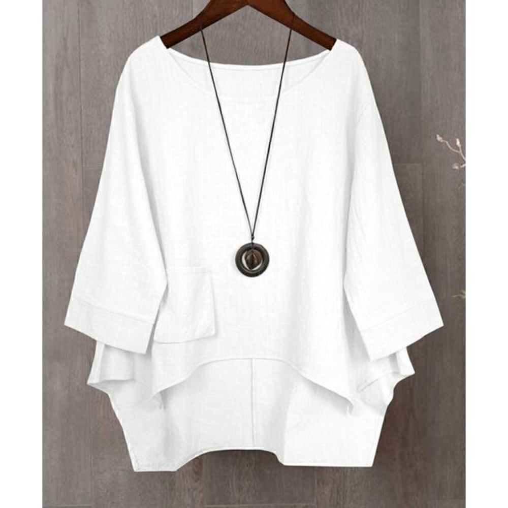 La Mode Women's Cotton Blend White Crewneck Hi-Low Top XL
